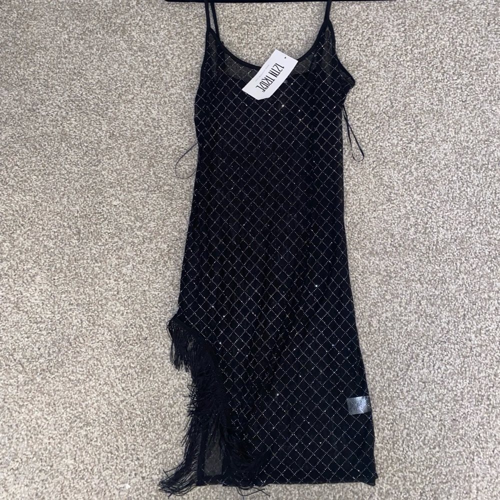 12th Tribe Black Beaded Fringe Slip Dress